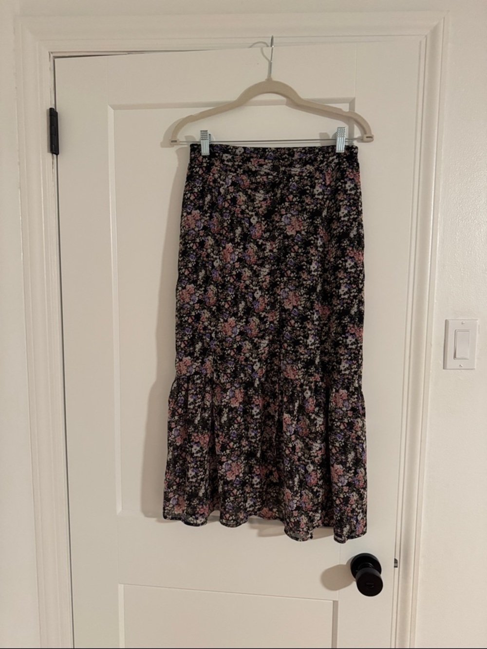 American Eagle Black Floral Midi Skirt with Pink and Purple Accents